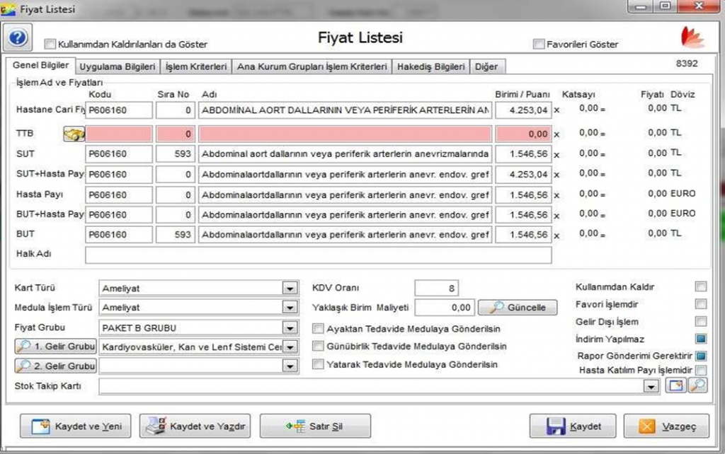 sut işlem fiyat listesi